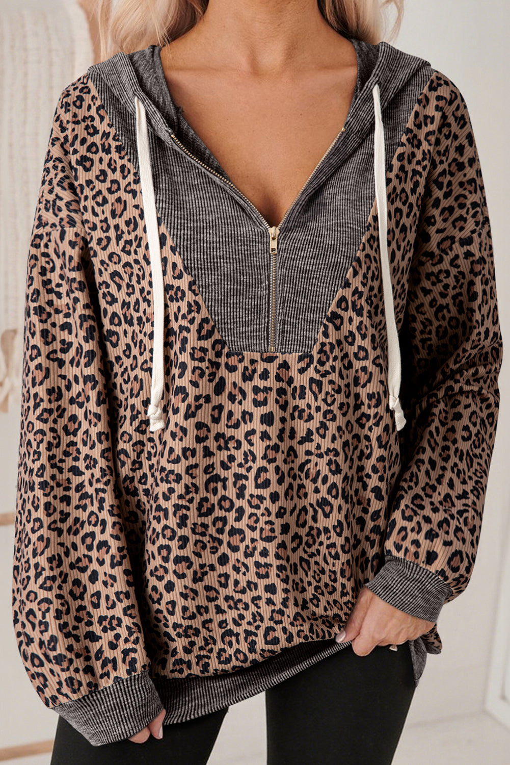 Sweat femme léopard, zip, à capuche, côtelé — kaki