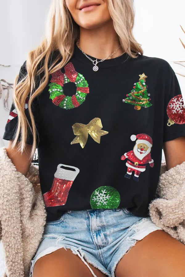 T-shirt femme graphique, paillettes, Noël, col rond — noir
