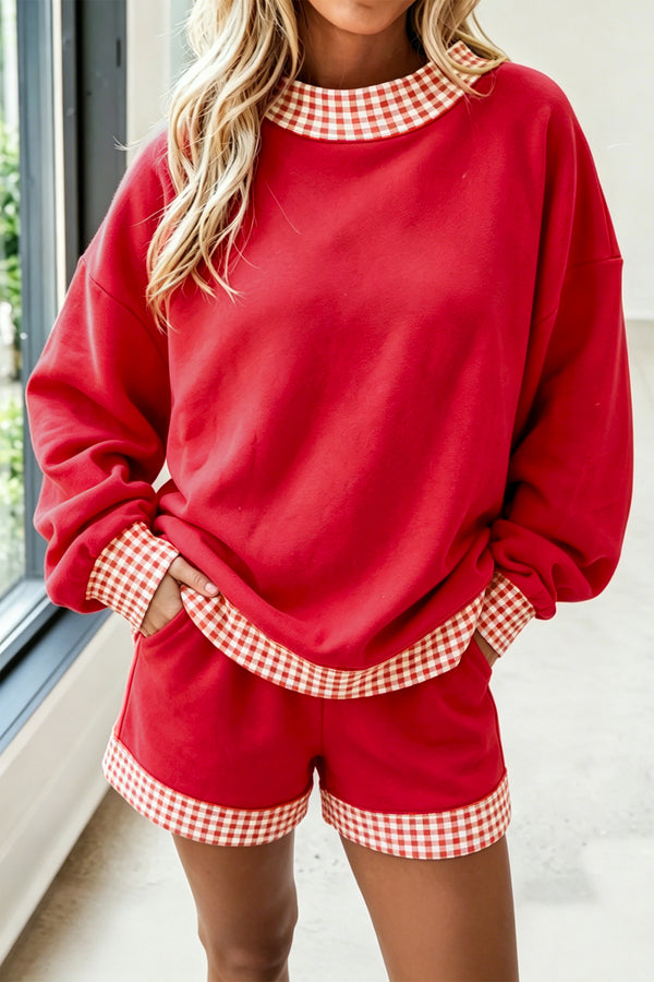 Fiery Red Gingham Trim Baggy Pullover 2pcs Short Set femme