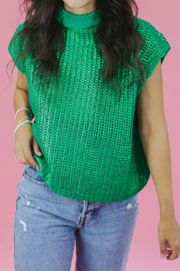 Pull femme en maille, manches courtes, col montant, uni — vert