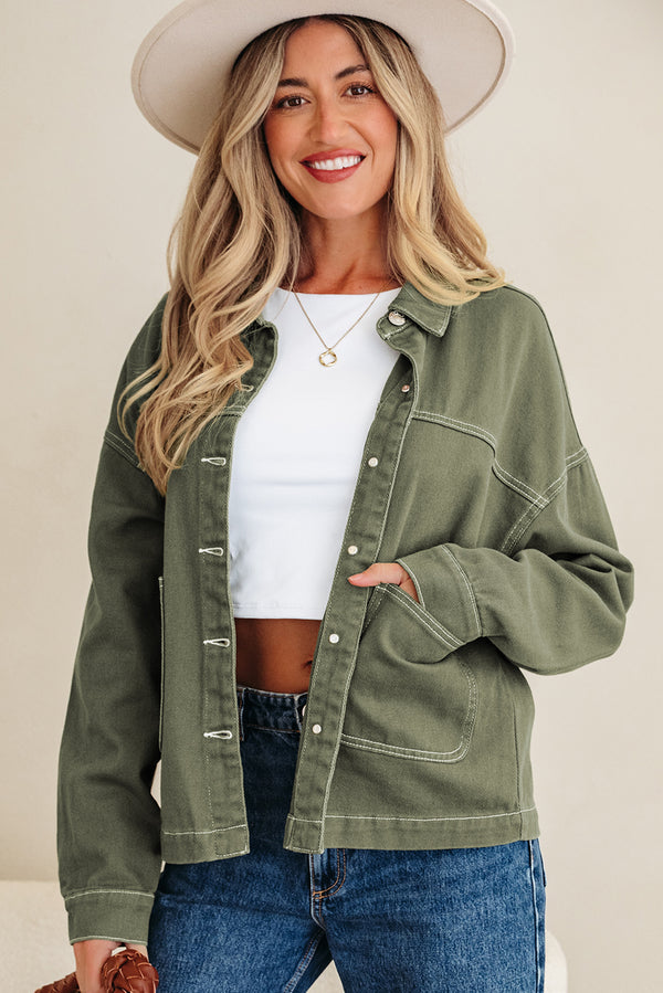 Veste femme boutonnée, poches, denim, coupe boyfriend — vert