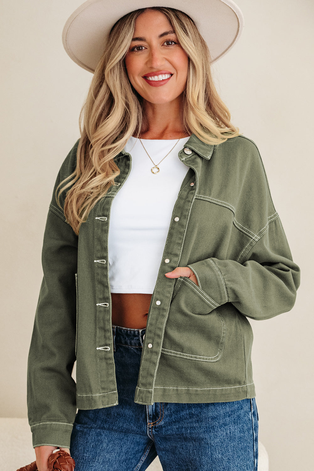 Veste femme boutonnée, poches, denim, coupe boyfriend — vert