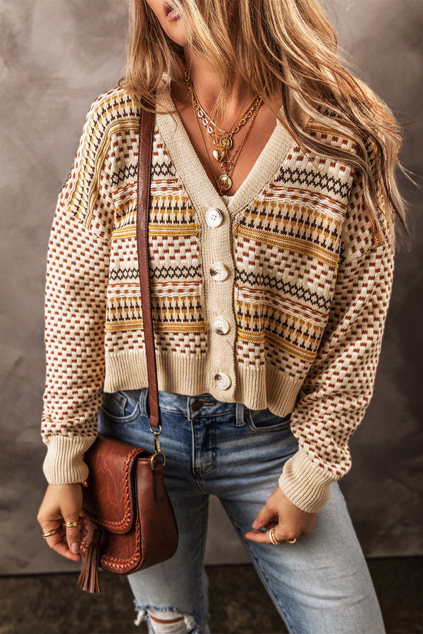 Cardigan femme boutonnée, col V, cropped — kaki-P1622