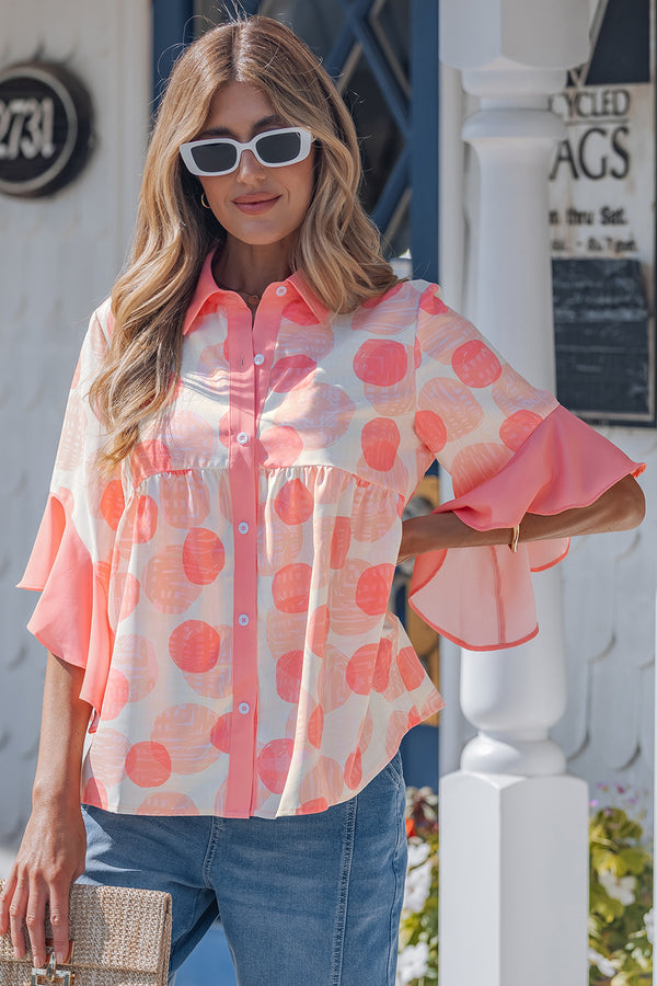 Chemise femme pois, à volants, manches courtes — rose-P1020