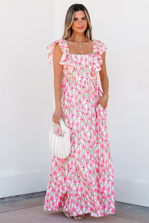 Robe longue femme floral, à volants, bretelles, maxi — rose