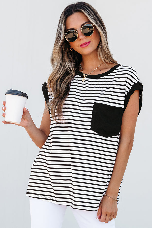 Débardeur femme rayé, poches, col rond — noir