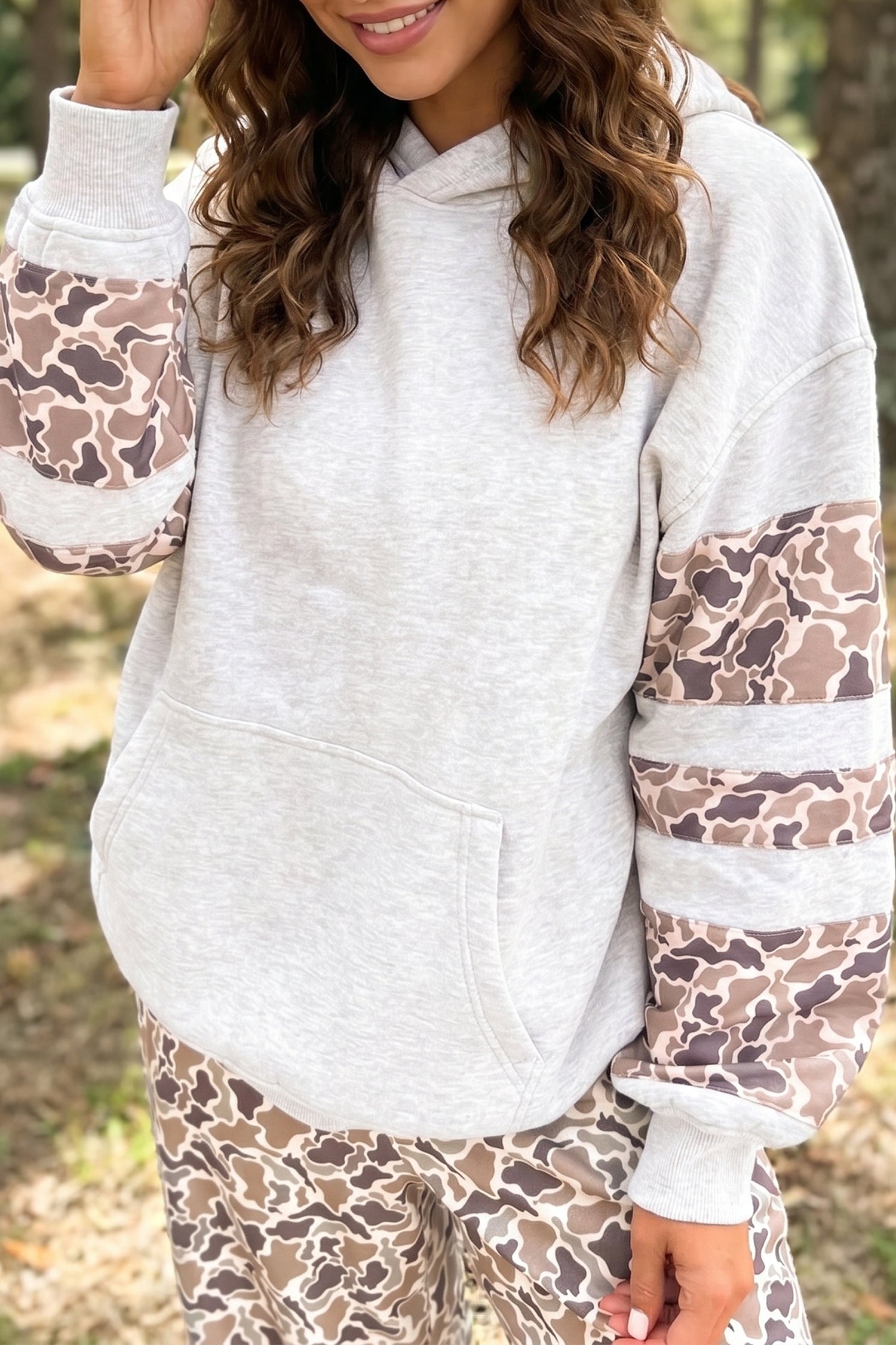 Hoodie femme camouflage, patchwork, à capuche, manches longues — gris clair