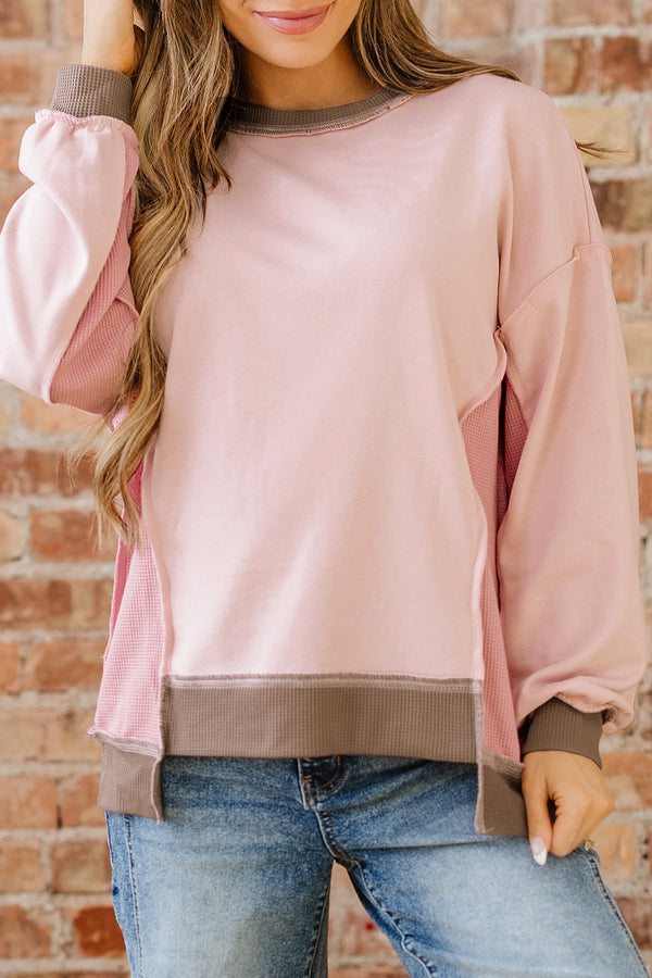 Sweat femme patchwork, gaufré, colorblock — rose clair-P1010