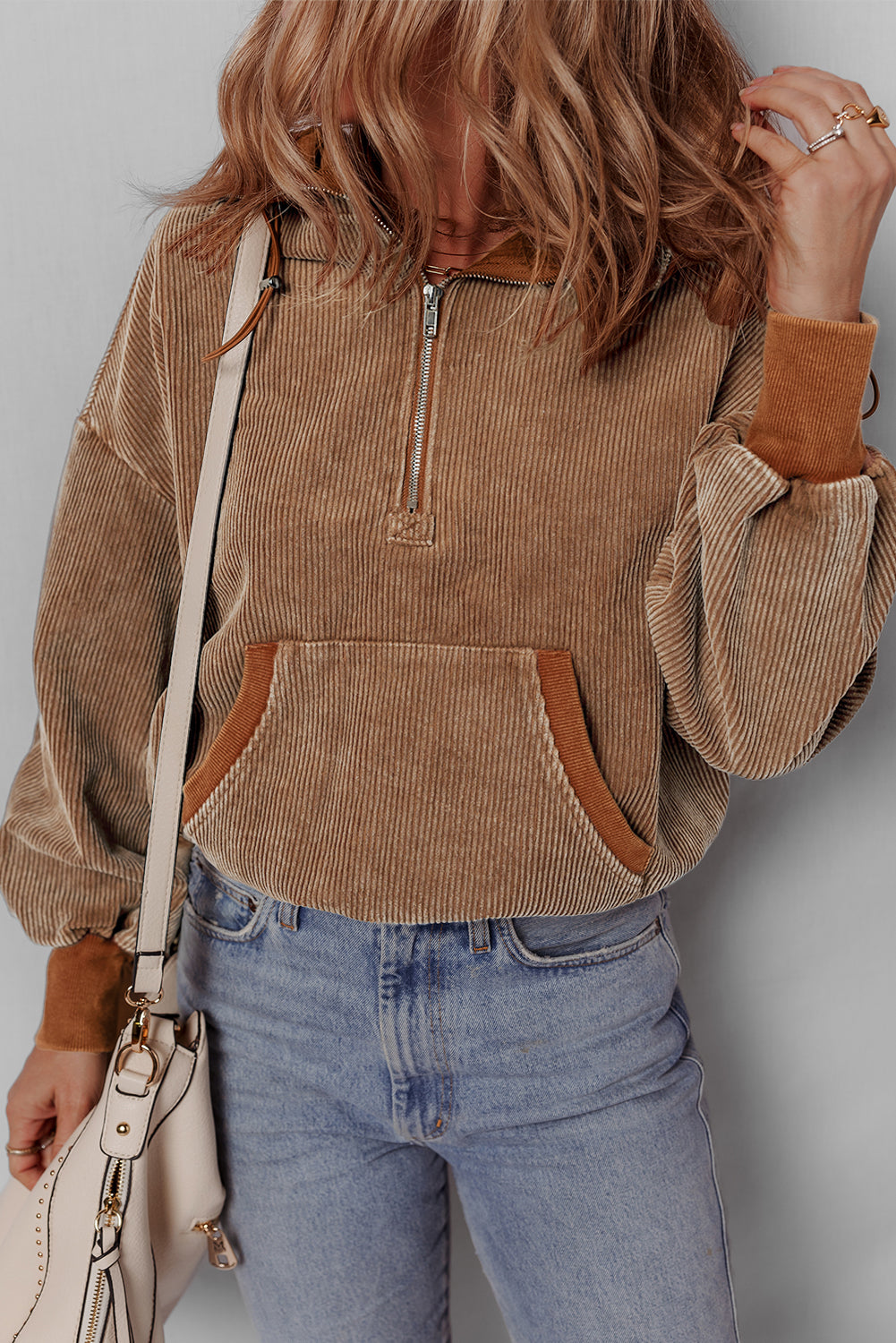 Chestnut Half Zipper Kangaroo Pocket Drawstring Corduroy Hoodie femme