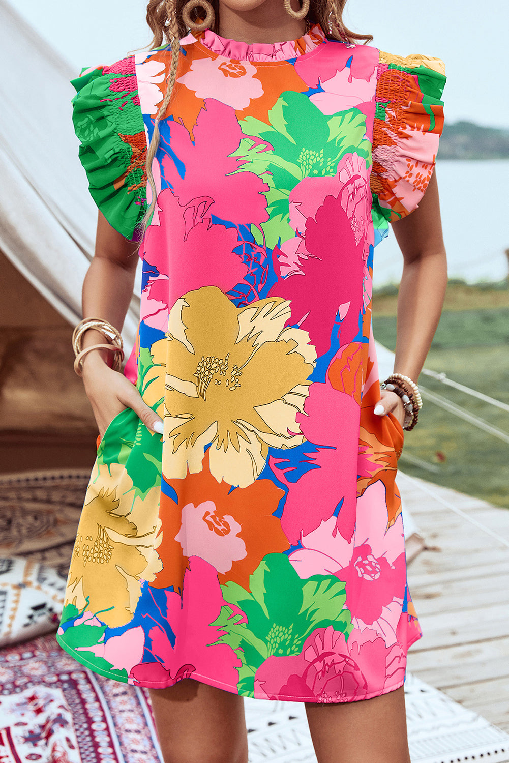 Robe courte femme floral, poches — rose