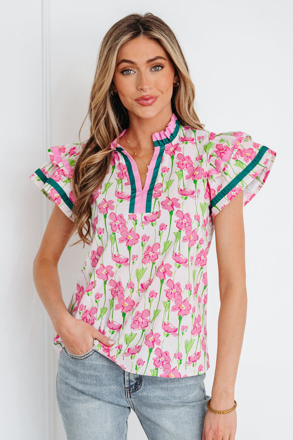 Blouse femme floral, à volants, manches courtes, col V, bordure contrastée — rose-P1020
