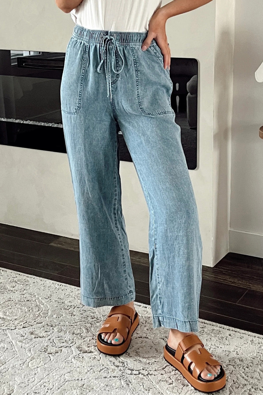 Pantalon femme à cordon, taille élastique, ample, denim