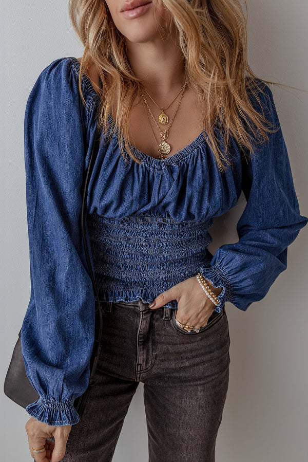 Blouse femme à volants, smocké, manches bouffantes, col V, denim — bleu foncé