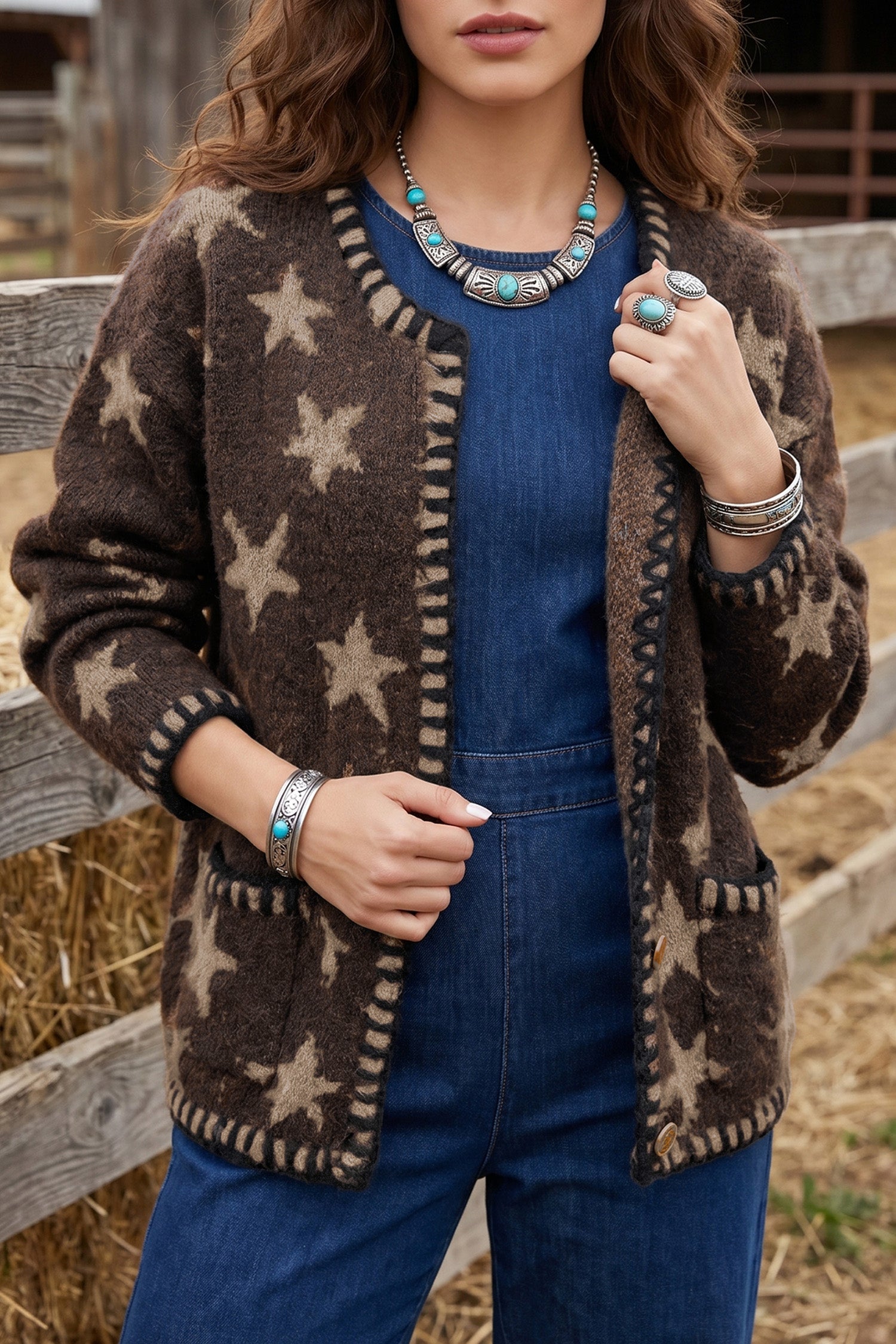 Cardigan femme manches longues, colorblock — marron