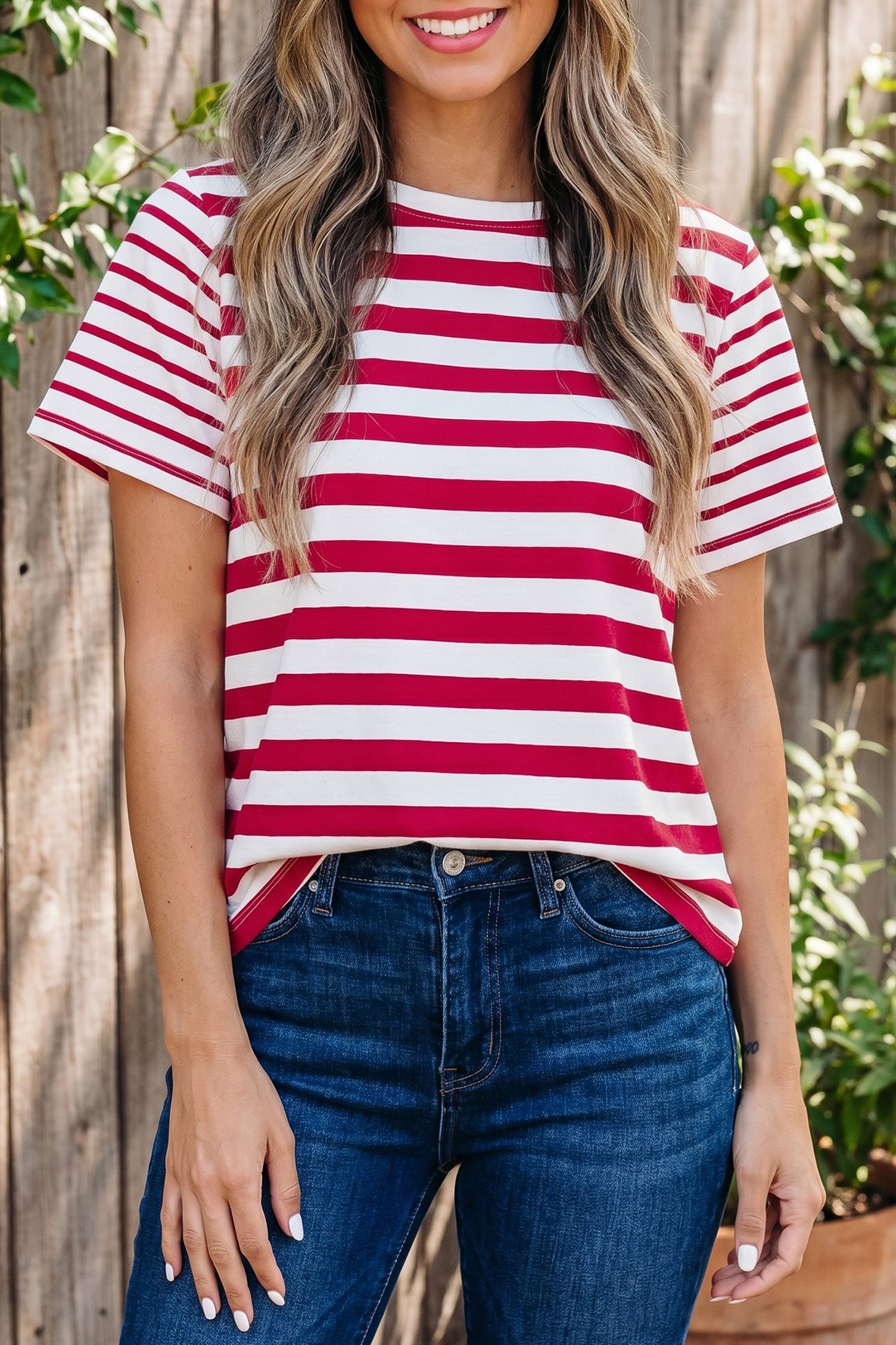 T-shirt femme rayé, patchwork, col rond — rouge