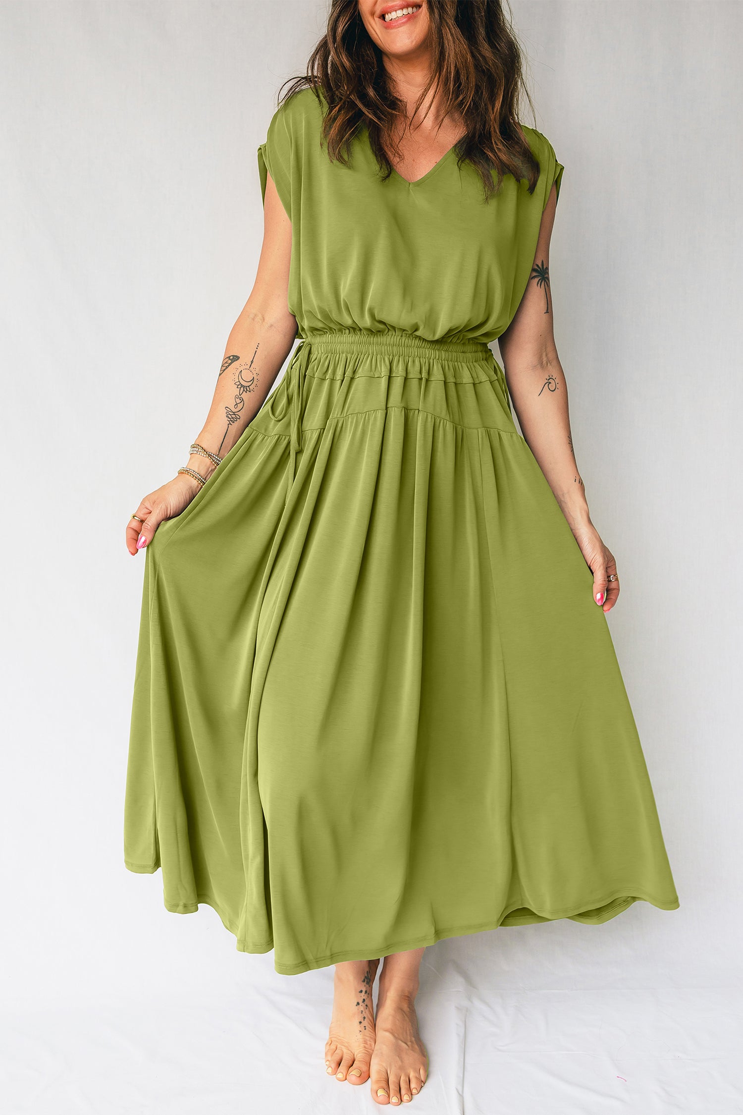 Robe longue femme col V, taille élastique, uni, maxi — vert