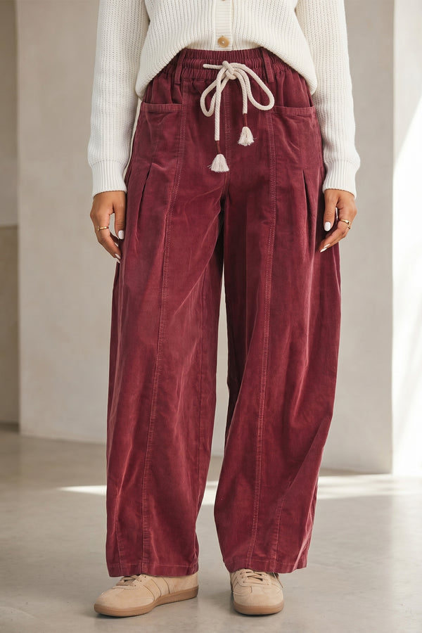 Pantalon femme à cordon, taille élastique, casual — rouge