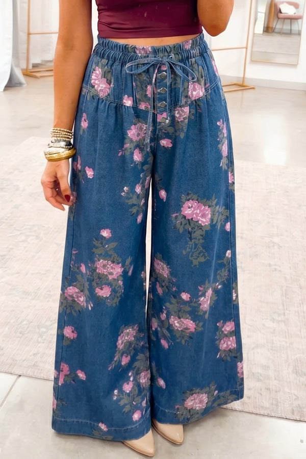 Jean femme floral, boutonnée, taille élastique, jambe large — bleu