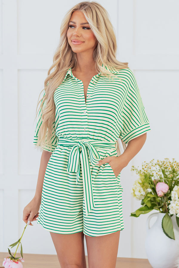 Combinaison femme rayé, boutonnée, manches courtes — vert