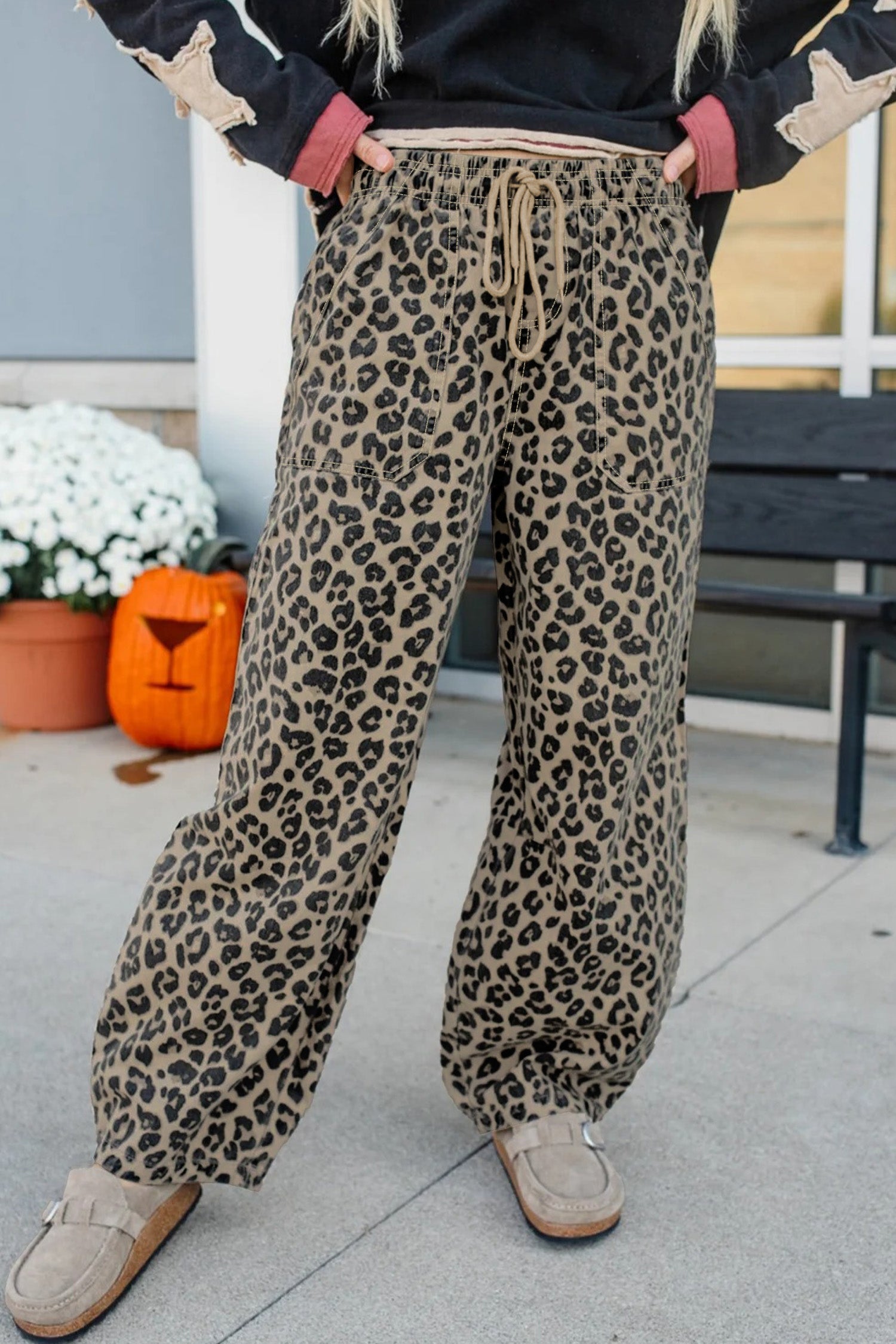 Pantalon femme léopard, à cordon, poches, taille élastique, ample, denim — kaki