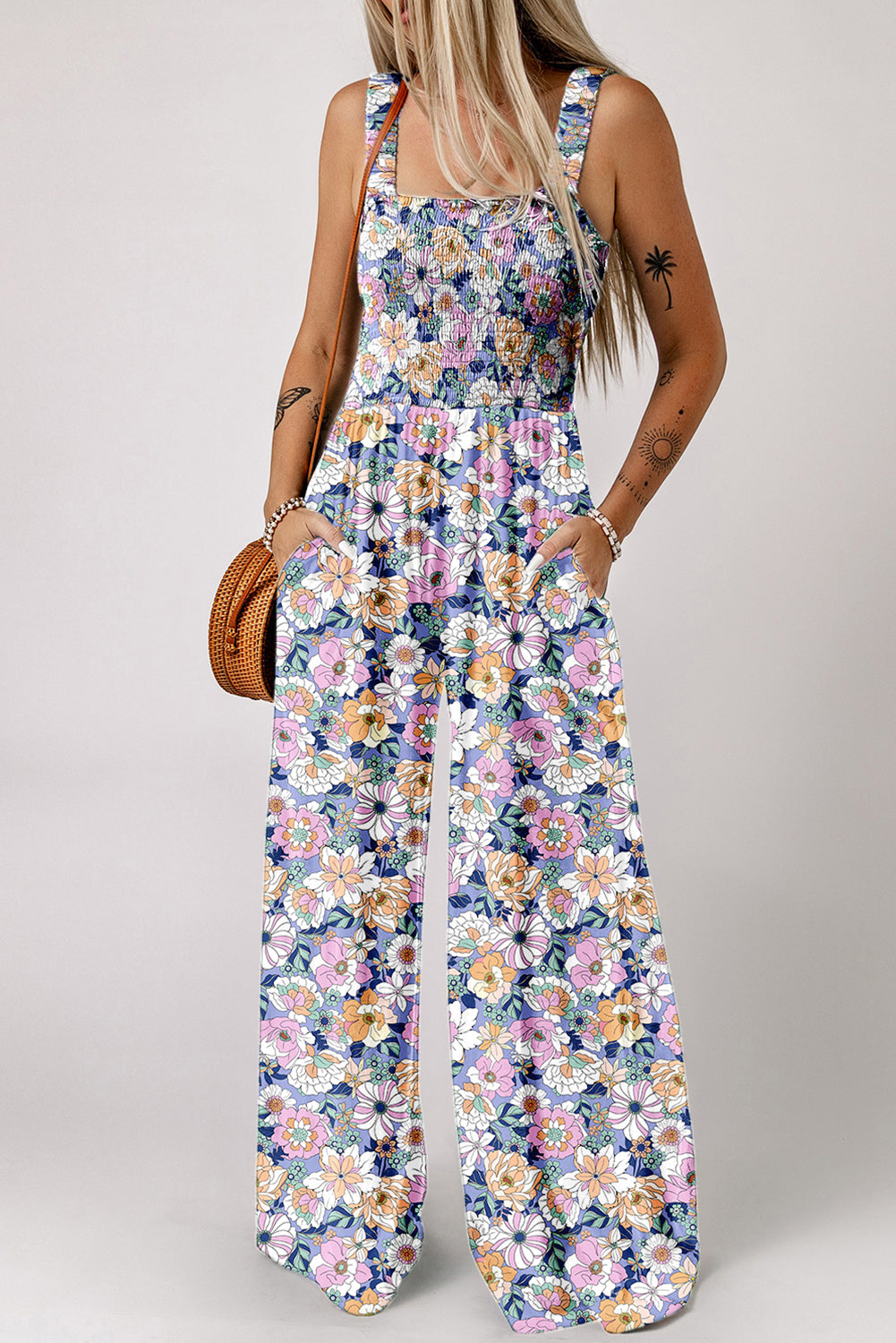 Combinaison femme floral, smocké, taille haute — violet