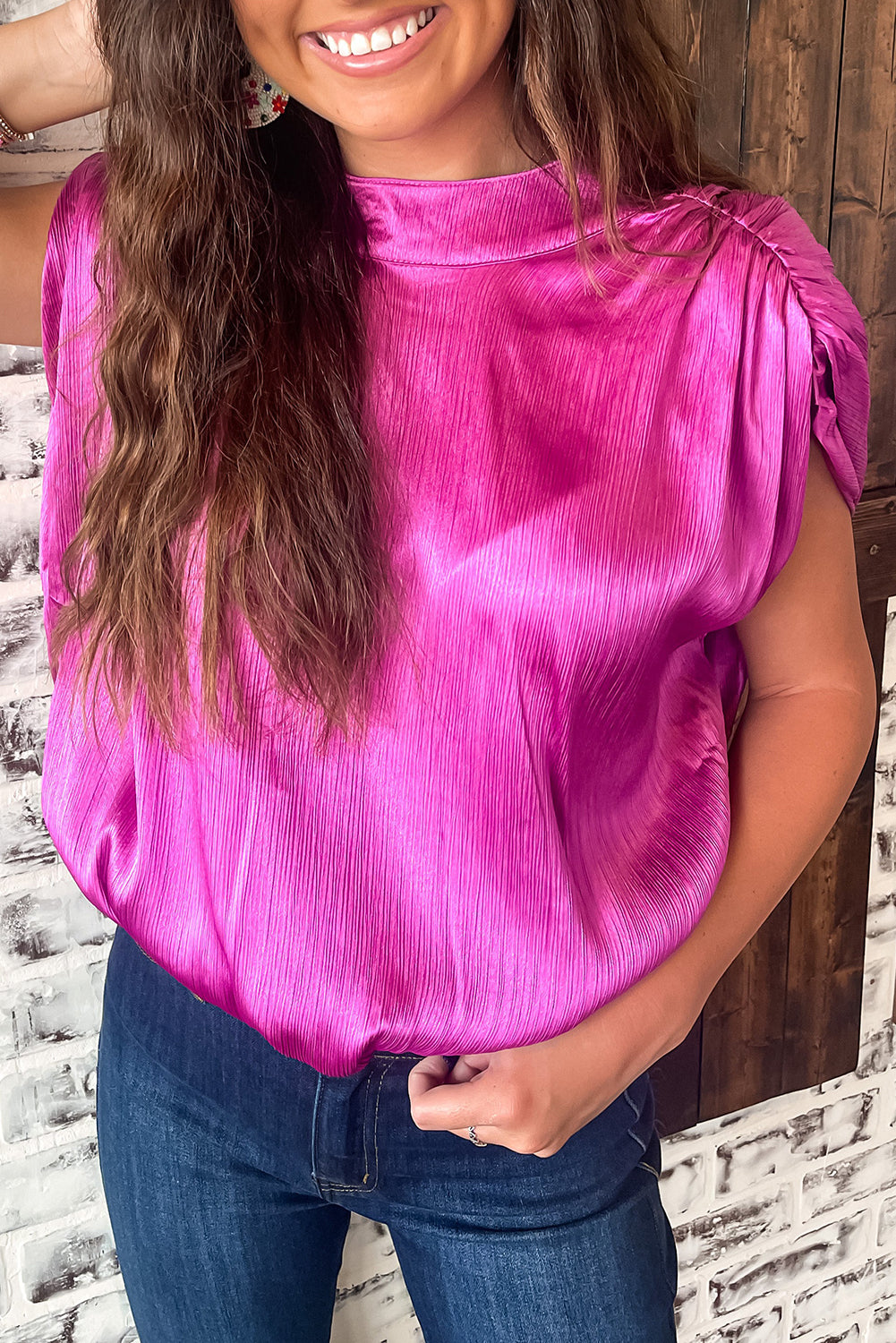 Bright Pink Ruched Sleeves Knotted Backless Blouse femme