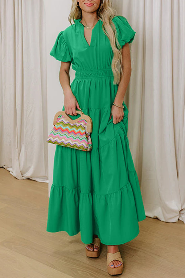 Robe longue femme à étages, manches bouffantes, col V, taille haute, uni, maxi — vert