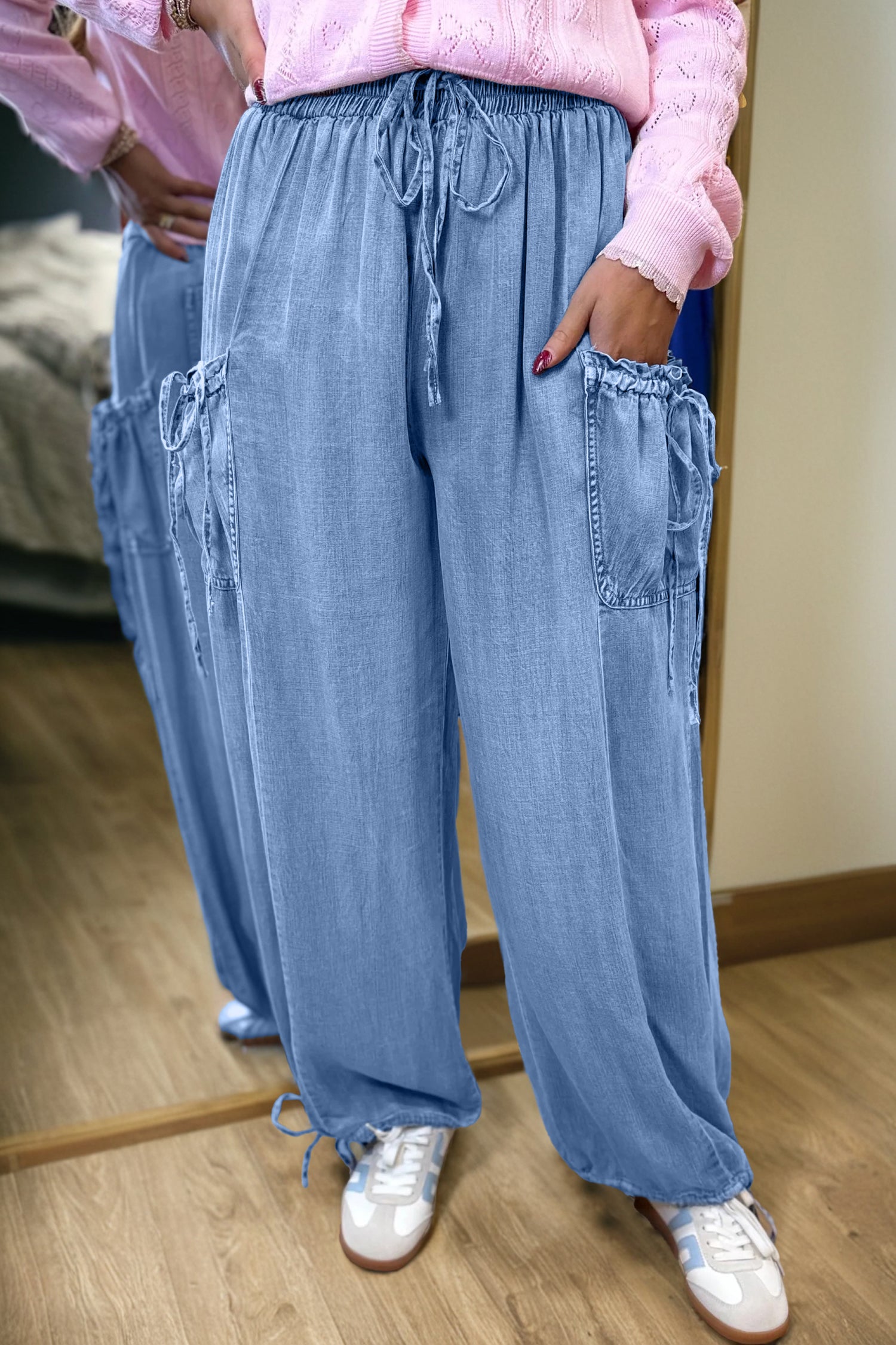 Pantalon femme à cordon, poches, taille élastique, ample, denim — bleu ciel