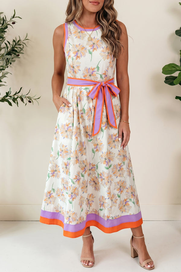 Robe longue femme floral, ceinturée, sans manches, colorblock, maxi — blanc-P120