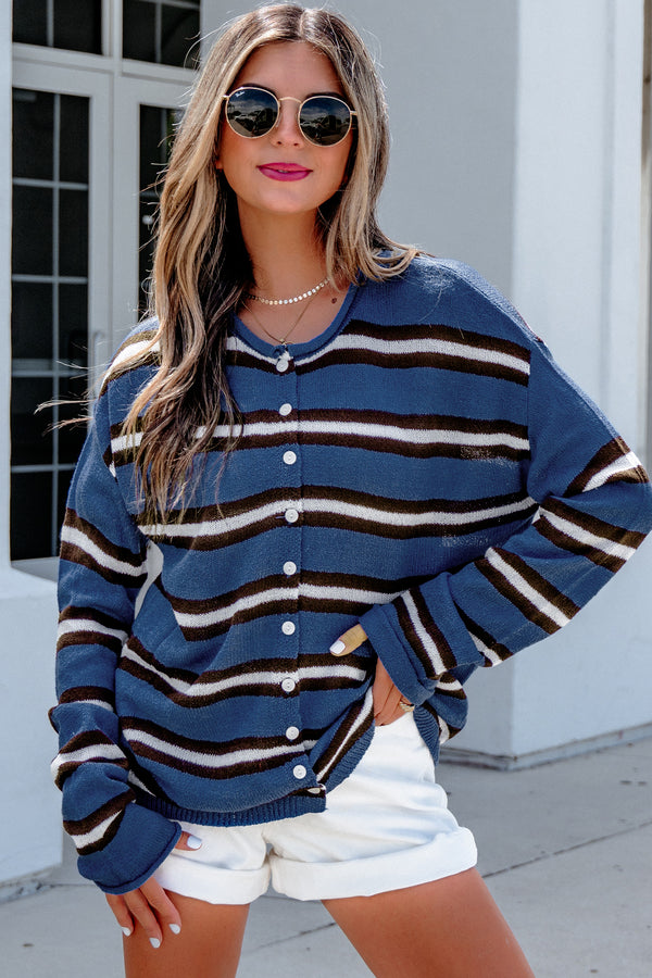 Blue Stripe Striped Drop Shoulder Button Cardigan femme-P519