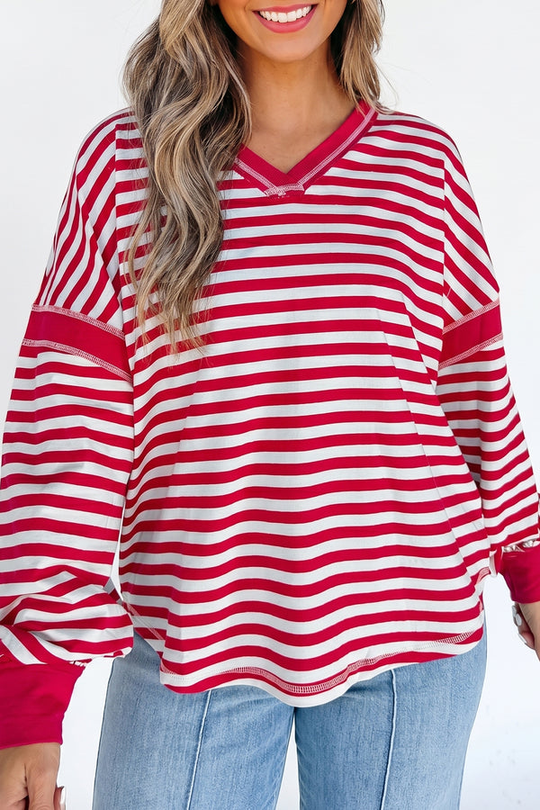 Pull femme rayé, col V — rouge