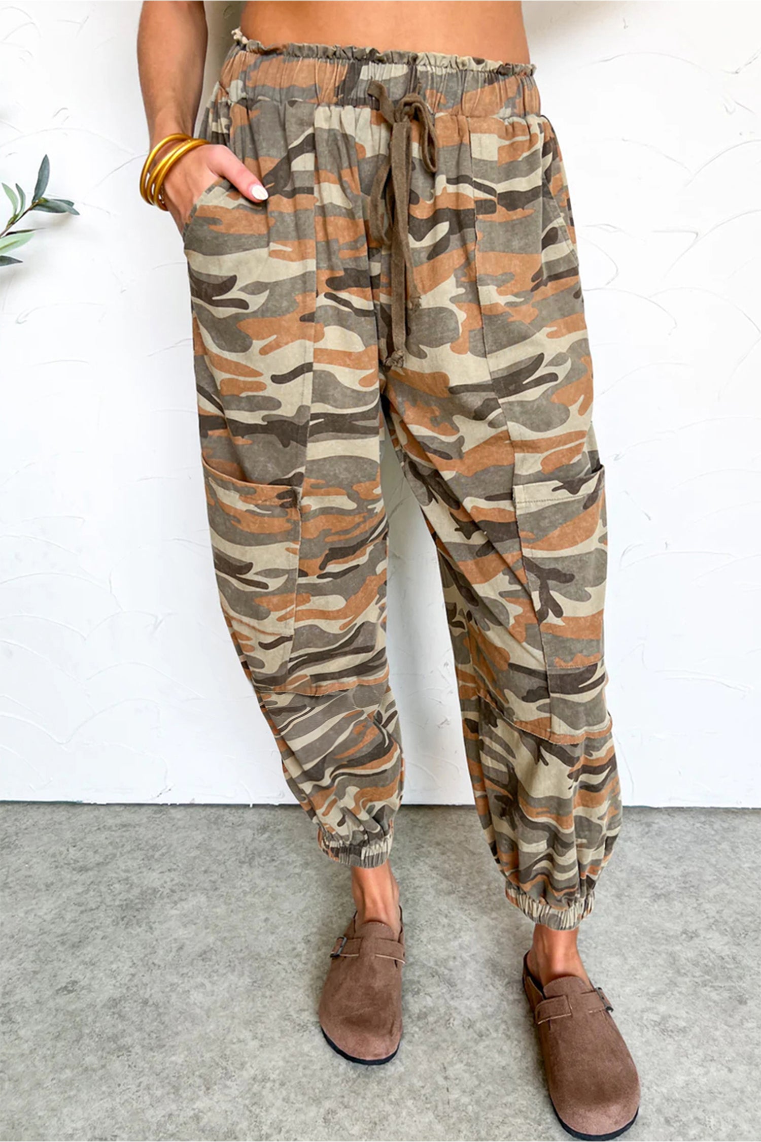 Pantalon femme camouflage, à cordon, taille élastique — vert