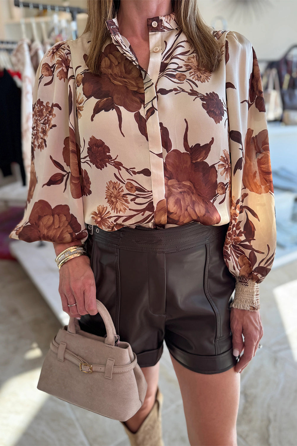 Chemise femme floral, boutonnée — marron