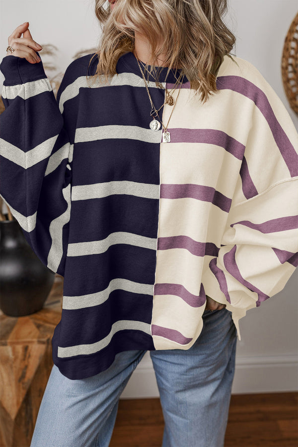 Pull femme rayé, oversized, colorblock — bleu