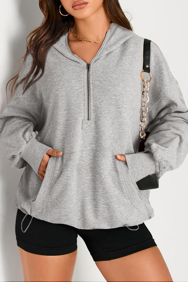 Light Grey Solid Kangaroo Pocket Half Zipper Oversized Hoodie femme