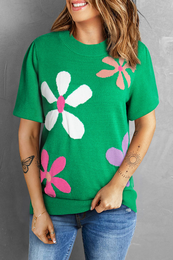 Pull femme floral, manches courtes — vert