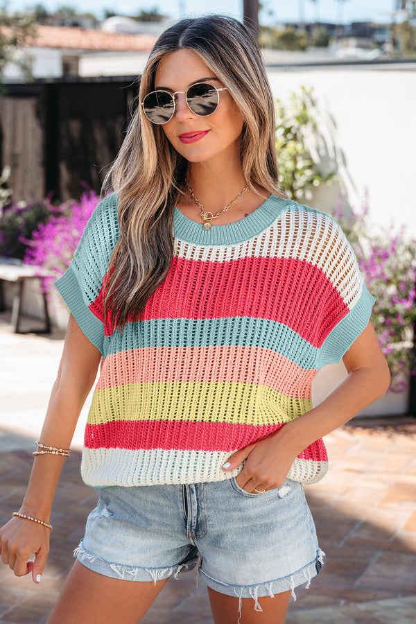 Pull femme rayé, en maille, manches courtes, colorblock — vert