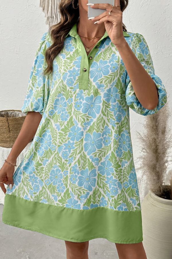 Robe courte femme floral, patchwork, manches 3/4, colorblock — bleu ciel