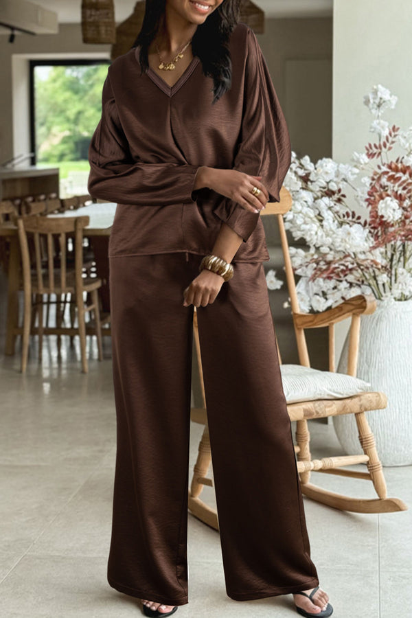 Ensemble femme à cordon, manches longues, col V, taille haute, ample — marron-P5017