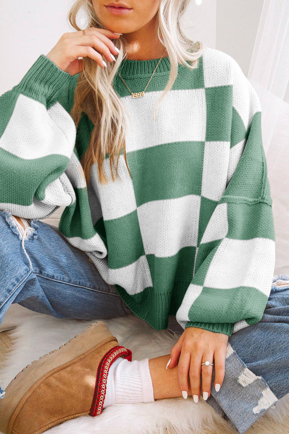 Pull femme à carreaux — vert
