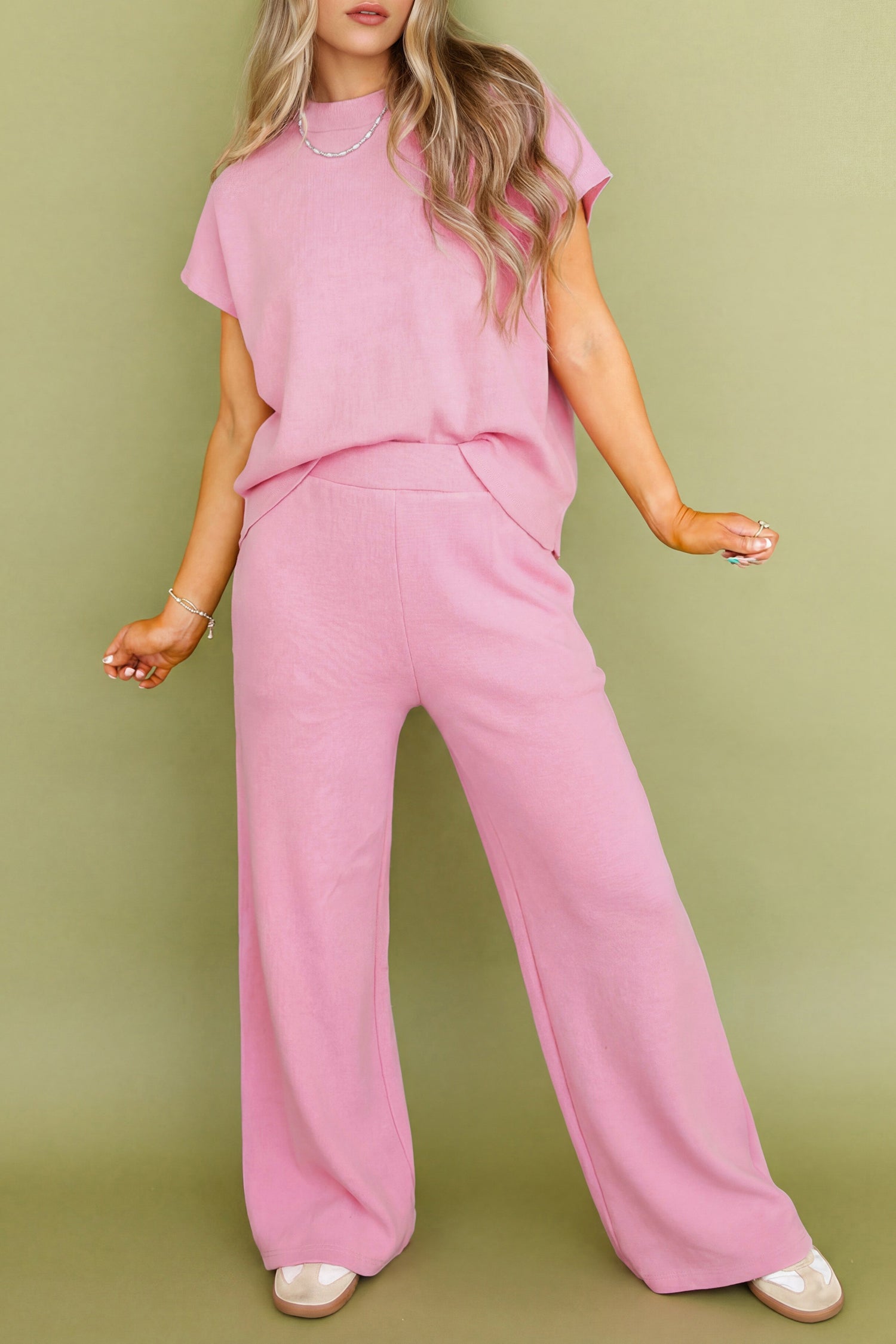 Pantalon femme en maille, col montant, taille élastique, ample — rose