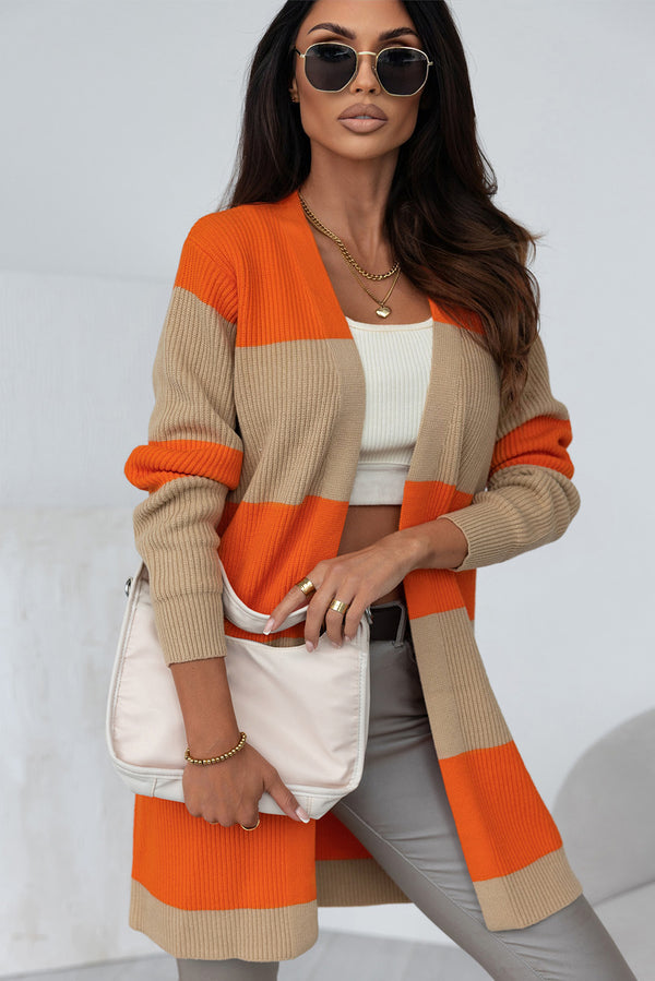 Orange Colorblock Ribbed Knit Cardigan femme