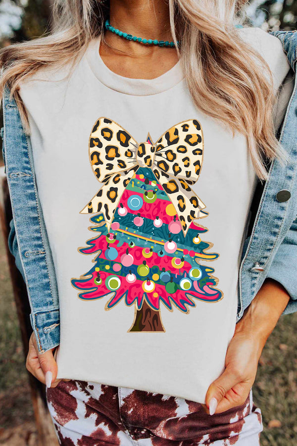 White Leopard Bow Décor Christmas Tree Graphic Crew Neck Tee femme