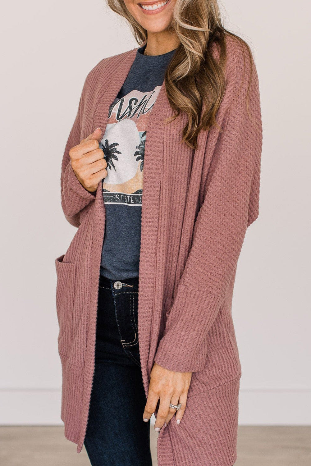 Cardigan femme gaufré, en maille, poches, uni — rouge