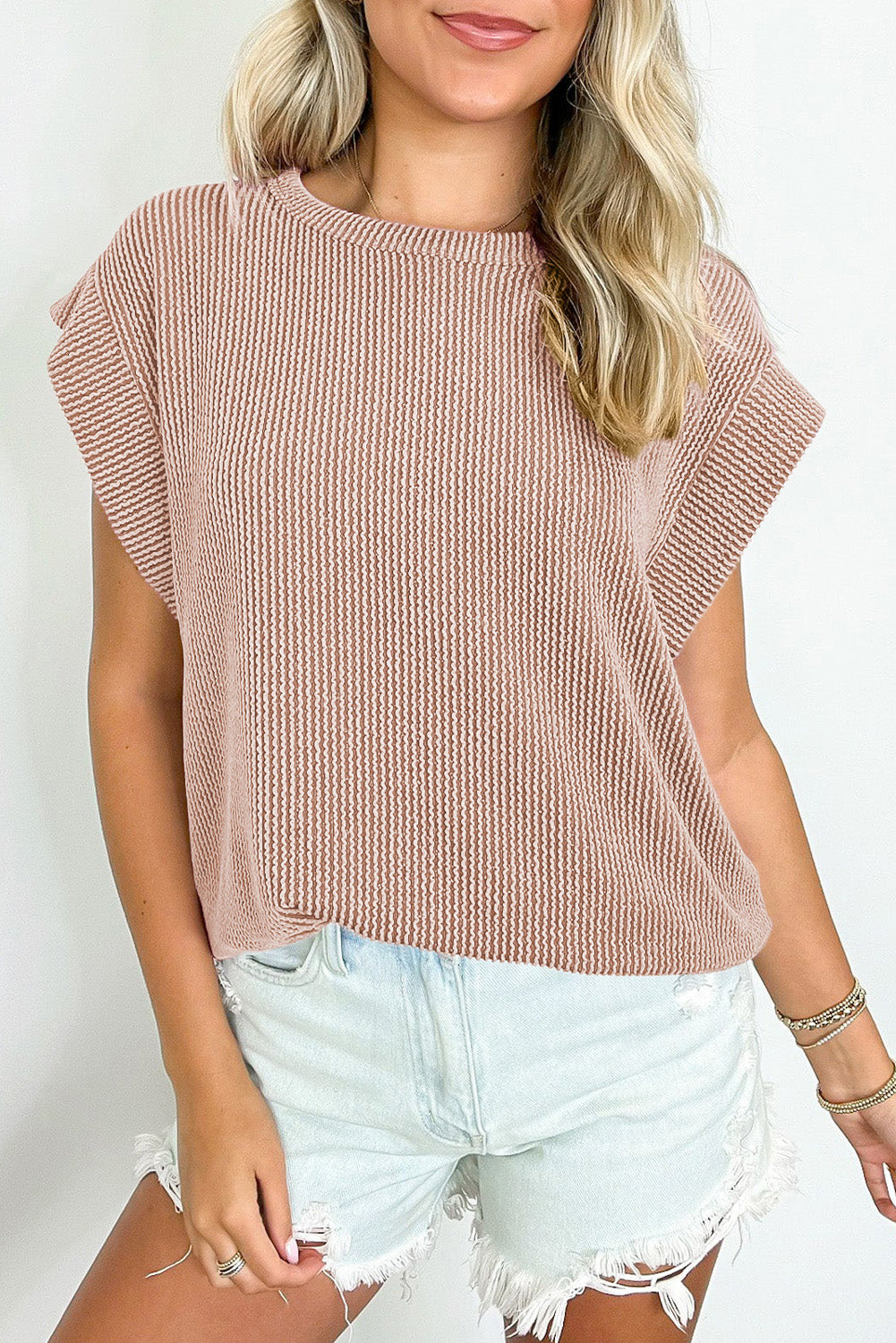 T-shirt femme col rond, côtelé — kaki