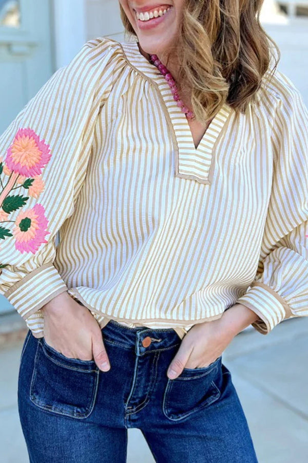 Blouse femme broderie florale, rayé, manches longues, col V — kaki
