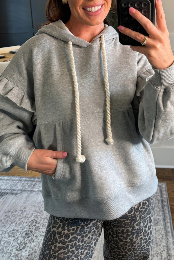Gray Contrast Rope Drawstring Ruffle Trim Drop Shoulder Baggy Hoodie femme