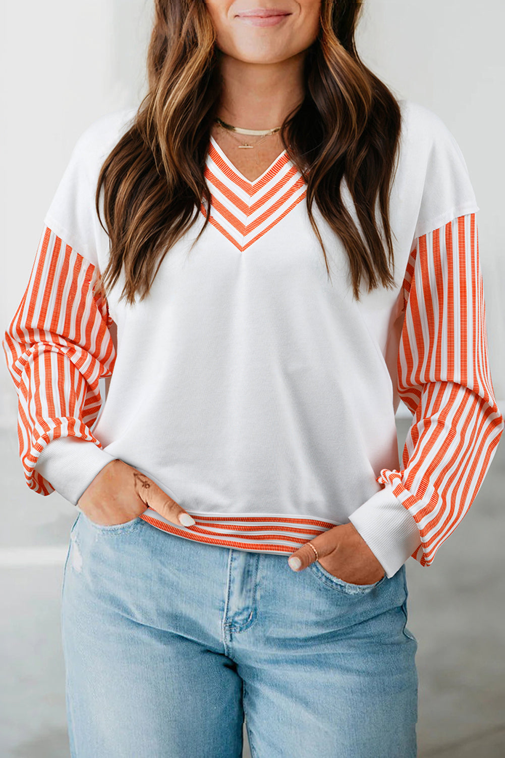 Haut femme rayé, patchwork, manches longues, épaules tombantes, col V — orange