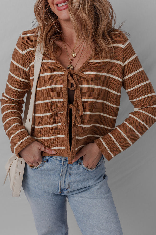 Cardigan femme rayé, en maille, col V