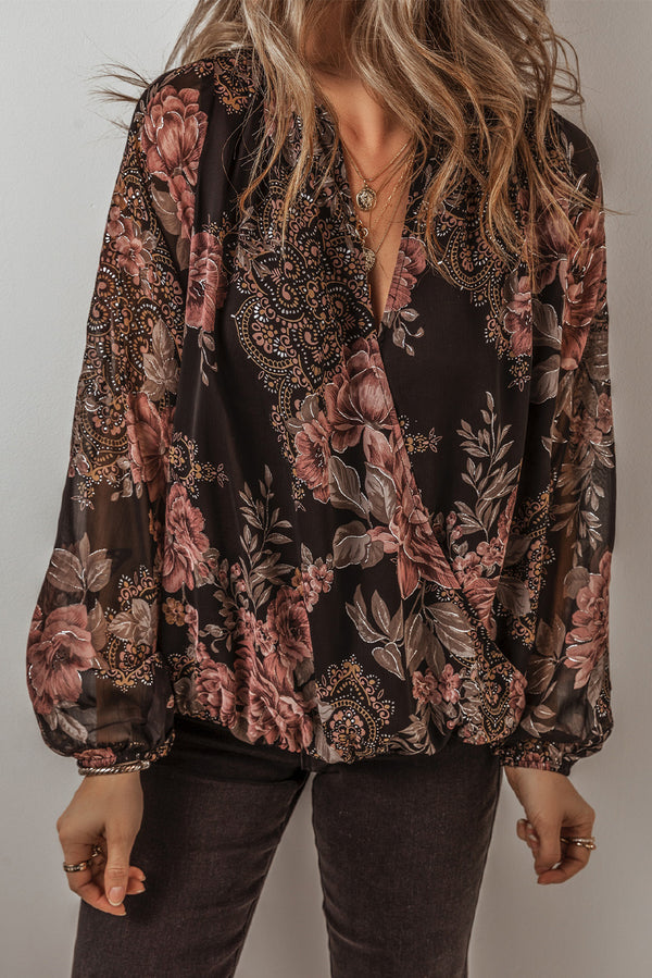 Blouse femme floral, col V — noir-P220